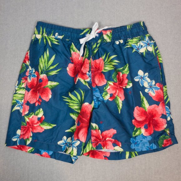 Denim Blue Tropical Floral Print Swim Trunks M - Picture 3 of 7